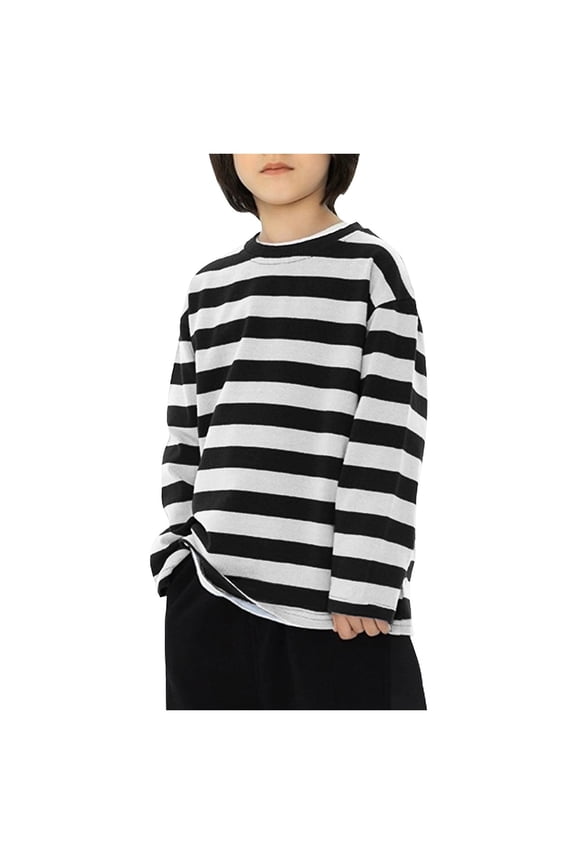Boy's Casual Cotton Striped Crewneck Long-Sleeve T-Shirt Basic Pullover Stripe tee Shirt (Black, 90)