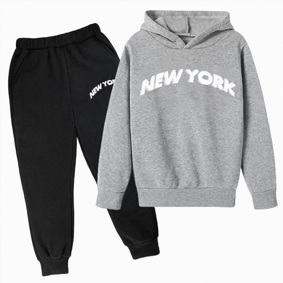 YDFCWXW Boys 2 Piece Outfits New York Letter Print Hoodie and Sweatpants Fall Winter Clothing Set (Dark Gray, 13-14 Years)