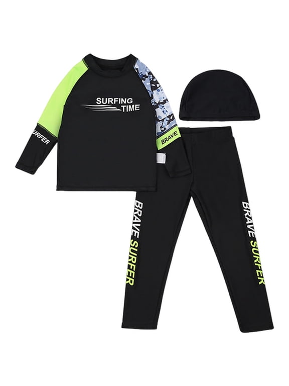 Boys 3 Piece Rash Guard Swimsuits Kids Long Sleeve Swimwear Long Pants Surf Bathing Suit Set with Cap (Black, 13-14 Years)