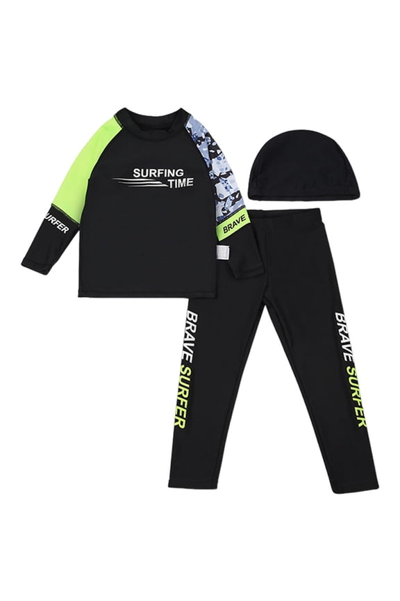 Boys 3 Piece Rash Guard Swimsuits Kids Long Sleeve Swimwear Long Pants Surf Bathing Suit Set with Cap (Black, 13-14 Years)