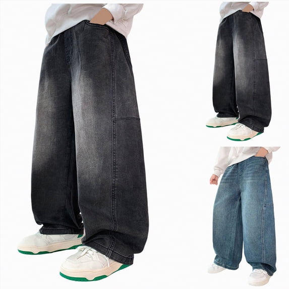 YDFCWXW Boys Baggy Jeans Teen Boys Elastic Waist Loose Cargo Pants Kids Barrel Wide Leg Denim Pants Casual Y2K Pull On Trousers (Black, 13-14 Years)