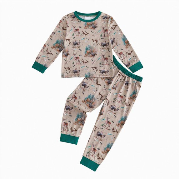 YDFCWXW Boys Deer Animal Print Pajamas Set Long Sleeve Cotton Sleepwear Loungewear (Green, 12-18 Months)
