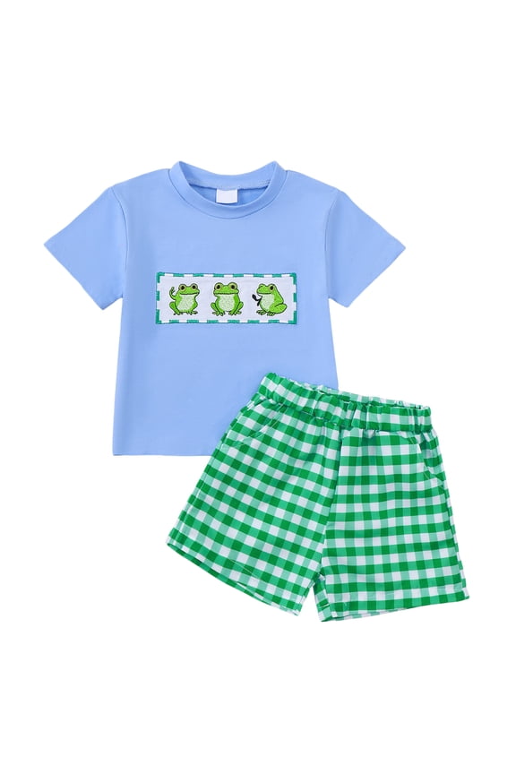 Boys Frog Pattern Smocked Shirt and Shorts 2Pc Summer Outfit Toddler Little Boys Wear (Blue, 3-4 Years)