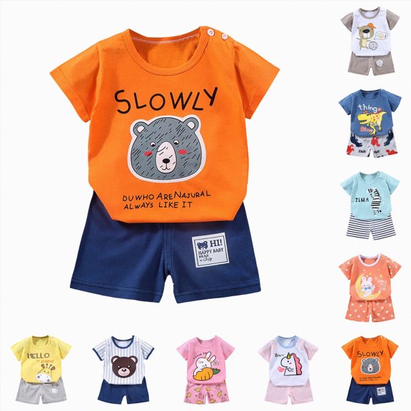 YDFCWXW Boys Girls Cartoon Print Tshirt Outfit Cute Cotton Short Sleeve Tshirt Solid Color Shorts 2 Piece Boys Set (Light Pink, 3-4 Years)