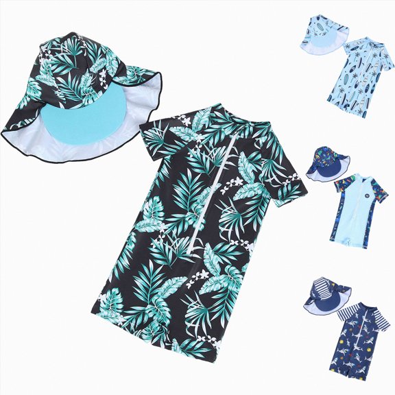 YDFCWXW Boys Print Zip Rash Guard Swimwear UPF 50+ Short Sleeve Bathing Suit Swimsuit with Hat (Blue, 3-4 Years)