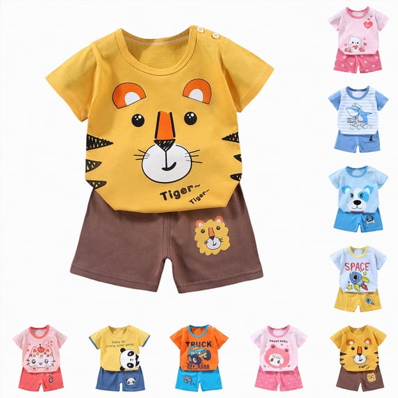 YDFCWXW Boys' Short Sleeve T-Shirt and Short Outfit Set Size 1-8 Years Toddler Boys' Cute Cartoon Print Cotton Summer Outfits Sets (Yellow, 7-8 Years)