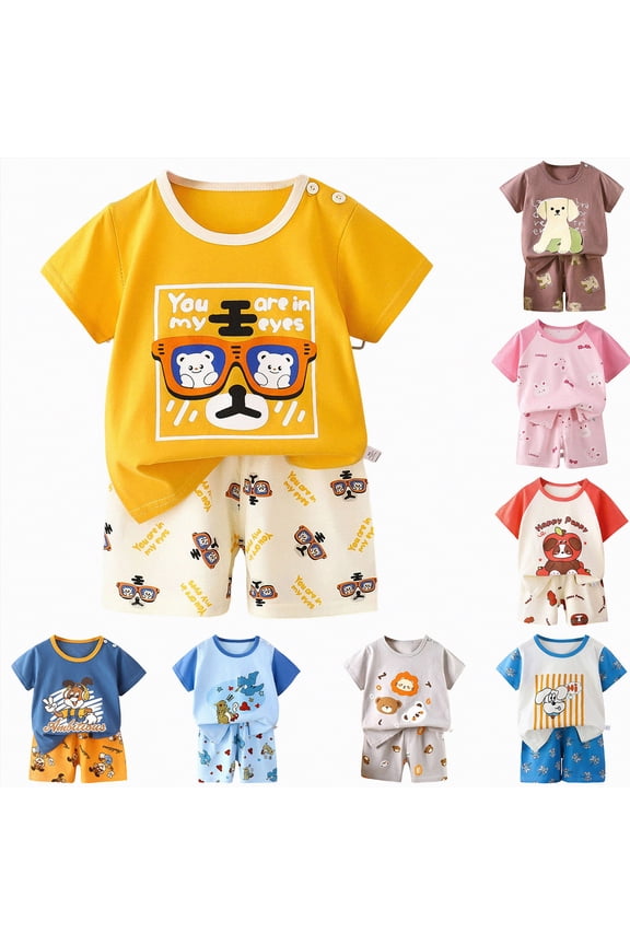 Boys' Short Sleeve T-Shirt and Short Outfit Set Size 6 Months-6 Years Toddler Boys' Cartoon Print Cotton Summer Outfits Sets (Yellow, 5-6 Years)