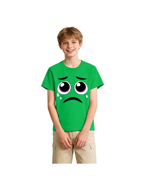 Boys Summer T Shirts - Youth Big Kids Sad Face Graphic Short Sleeve Top (Green, 3-4 Years)
