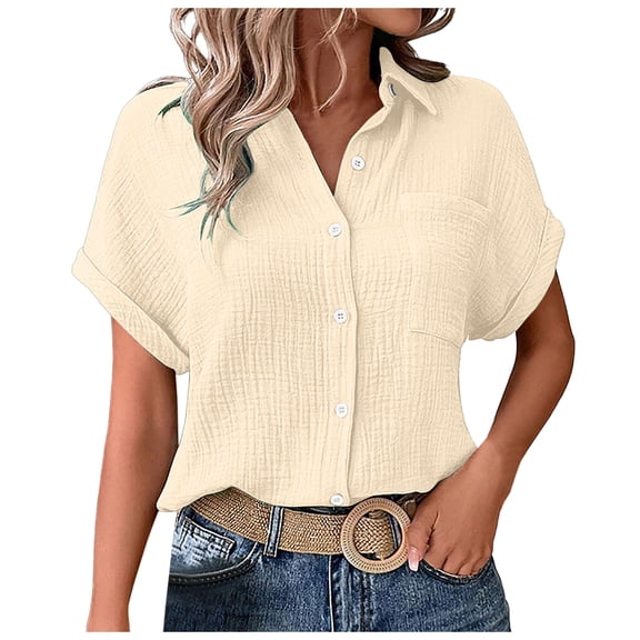 YDFCWXW Button Down Dressy Shirts for Womens Gauze Shirts Casual Short Sleeve Textured Collared Summer Work Blouse Clothes Beige, M