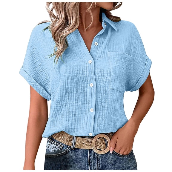 YDFCWXW Button Down Dressy Shirts for Womens Gauze Shirts Casual Short Sleeve Textured Collared Summer Work Blouse Clothes Light Blue, M