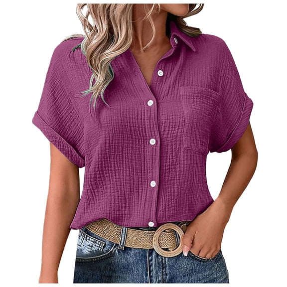 YDFCWXW Button Down Dressy Shirts for Womens Gauze Shirts Casual Short Sleeve Textured Collared Summer Work Blouse Clothes Purple, XL