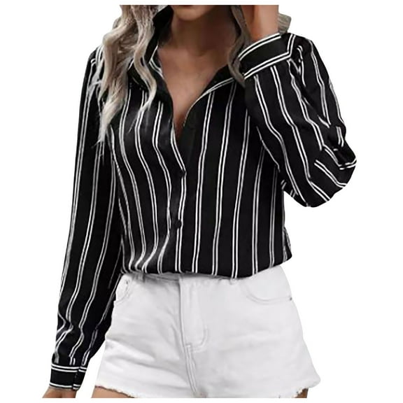 YDFCWXW Button Down Shirts for Women Striped Long Sleeve Dress Shirts Collared Office Work Blouses Button Up Tops Black, M