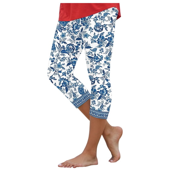 YDFCWXW Capri Leggings for Women Floral Printed Plus Size Capris High Waist Knee Length Slim Fit Yoga Cropped Legging Dark Blue, M