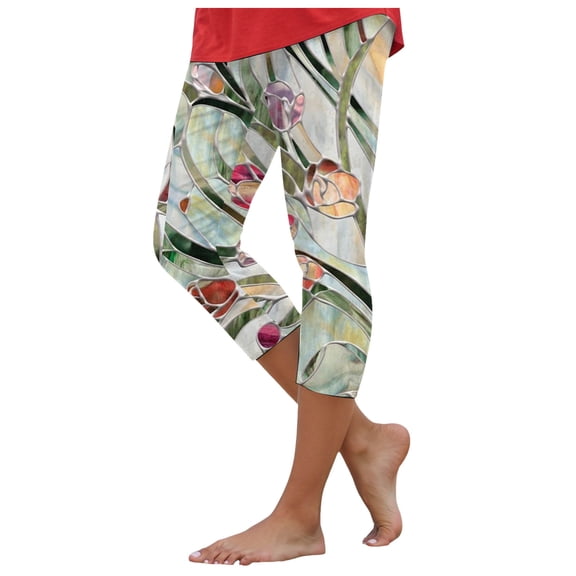 YDFCWXW Capri Leggings for Women Floral Printed Plus Size Capris High Waist Knee Length Slim Fit Yoga Cropped Legging Light Green, L