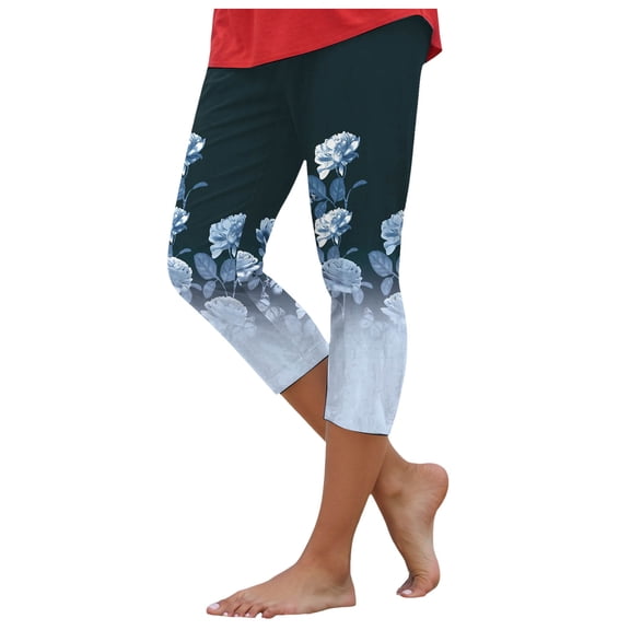 YDFCWXW Capri Leggings for Women Floral Printed Plus Size Capris High Waist Knee Length Slim Fit Yoga Cropped Legging Navy, L