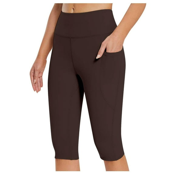 YDFCWXW Capri Leggings for Women Knee Length Lift Tights Tummy Control Yoga Workout Exercise Capri Pants with Pockets Brown, XL