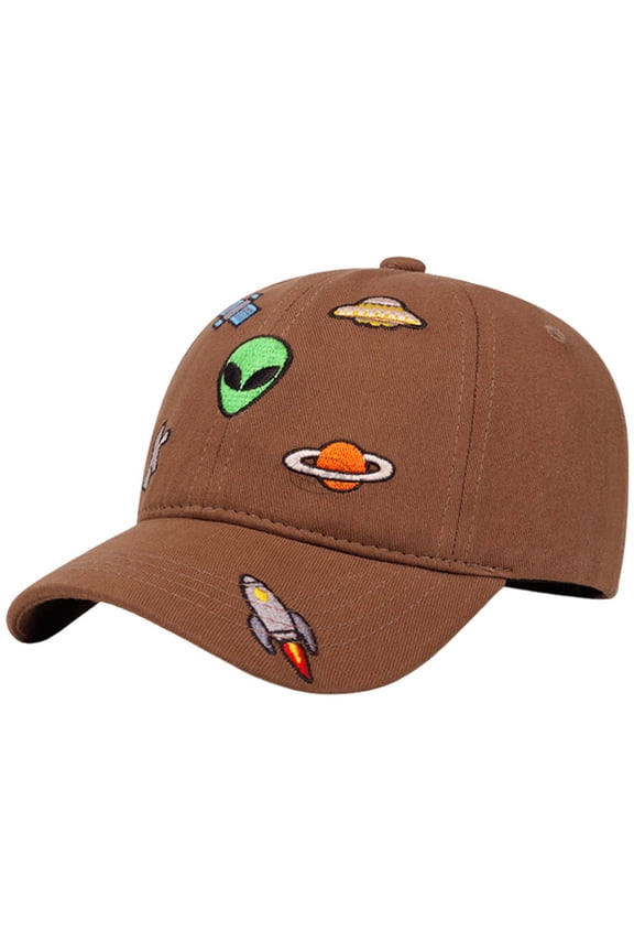 Child Space Embroidered Baseball Cap, Alien UFO Planet Rocket Design, Adjustable Hat for Boys and Girls (Coffee, One Size)