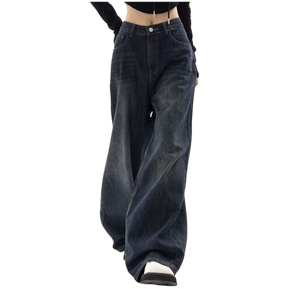 YDFCWXW Comfortable High-Waisted Baggy Jeans for Women - Loose Fit Wide Leg Trousers for Everyday Casual Wear (Blue, M)