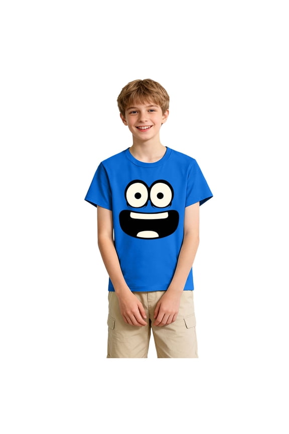 Cotton Shirt for 2-14 Years Boys Fun Cartoon Face Graphic Toddler Kids T-Shirt Short Sleeve Tee Shirts (Blue, 13-14 Years)
