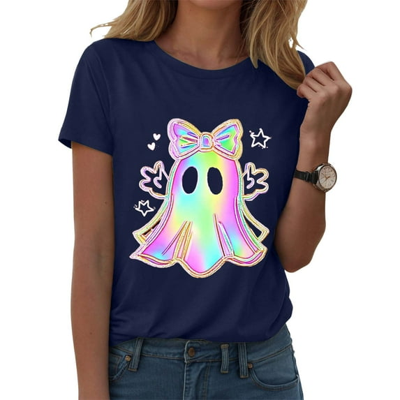 YDFCWXW Cozy Halloween Shirt for Women - Cute Ghost Pumpkin Crew Neck Graphic Tees Casual Short Sleeve Tops (Navy, M)