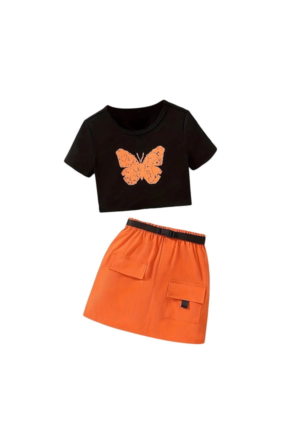 Crop Tops for Girls Short Sleeves T Shirts with Skirts Summer Basic Set (Red, 9-10 Years)