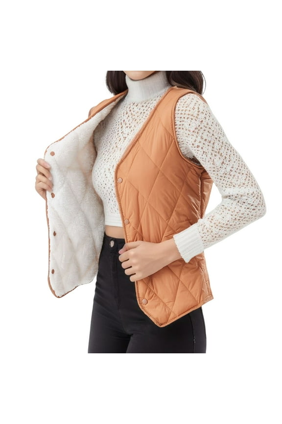 Cropped Quilted Vest for Women Lightweight V Neck Fleece Sherpa Tops Button Fall Sleeveless Winter Warm Vests Jackets Orange, 3XL