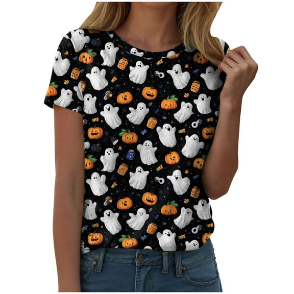 YDFCWXW Cute & Spooky Halloween Shirt - Women's Playful Print Cotton Tee, Short Sleeve Crewneck Top for Halloween Party Essential Black, M