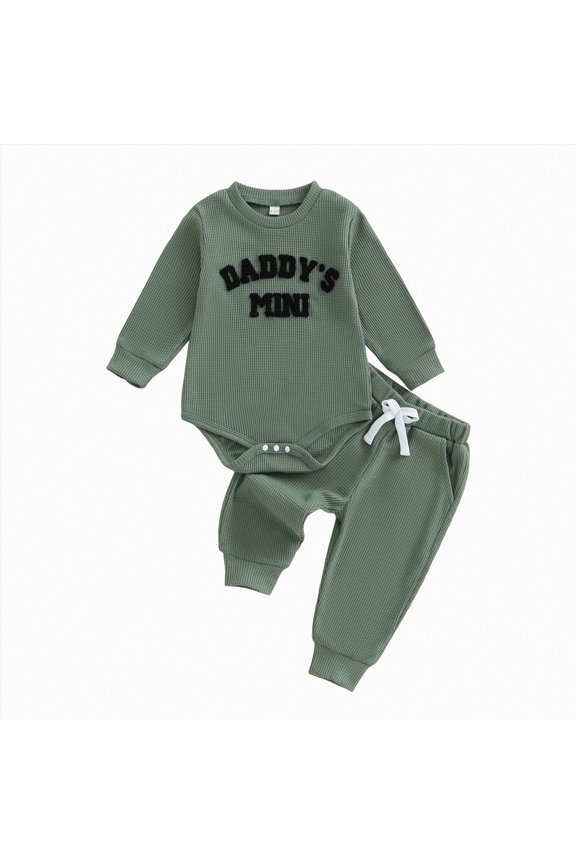 Daddy's Mini Baby Boy Onesie Pant Matching Clothes, 0 6 12 18 Month Winter Set Waffle Jogger & Embroidery Romper (Green, 3-6 Months)