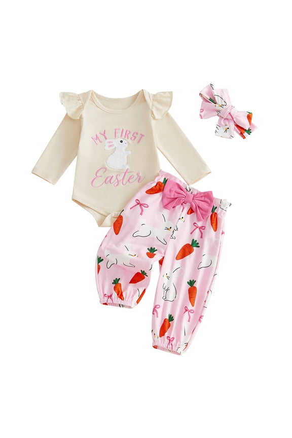 Easter Outfit Baby Girl My First Easter Bunny Embroidery Ruffle Romper Pants Headband Set Newborn Spring Clothes (Beige, 0-3 Months)