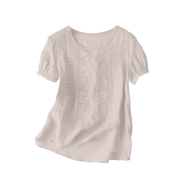 YDFCWXW Embroidered Cotton Linen Tops for Women Short Sleeve Summer Boho Blouses Dressy Casual Bohemian Tunic Shirts Khaki, 3XL