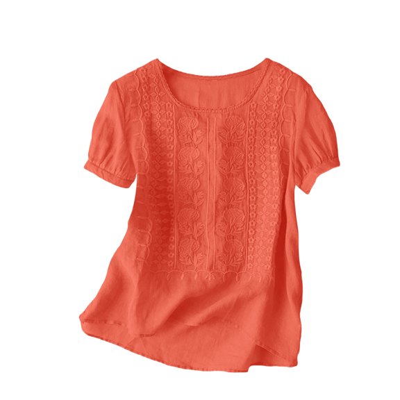 YDFCWXW Embroidered Cotton Linen Tops for Women Short Sleeve Summer Boho Blouses Dressy Casual Bohemian Tunic Shirts Orange, 3XL