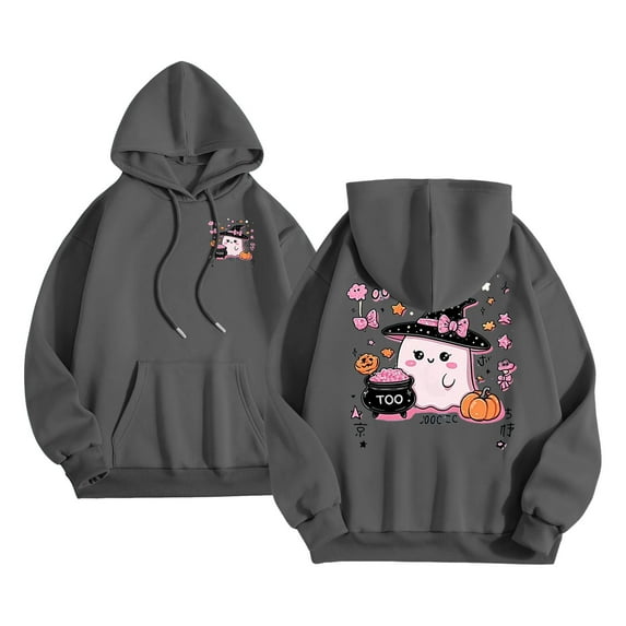 YDFCWXW Fall Hoodies for Women Oversized Halloween Cute Pumpkin Ghost Graphic Long Sleeve Sweatshirt With Pocket Pullover Shirt Top (Dark Gray, L)