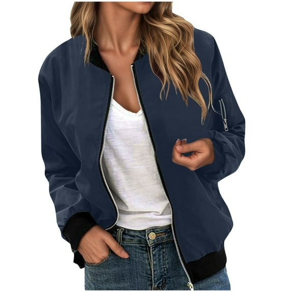 YDFCWXW Fall Jackets for Women 2025 Solid Color Zip Up Bomber Jacket Casual Coat Stand Collar Lightweight Outwear Top (Navy, M)