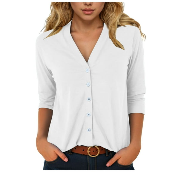 YDFCWXW Fall Tops for Women 3/4 Sleeve Lightweight Trendy V-Neck Button Down Blouse Casual Outfits White, XL