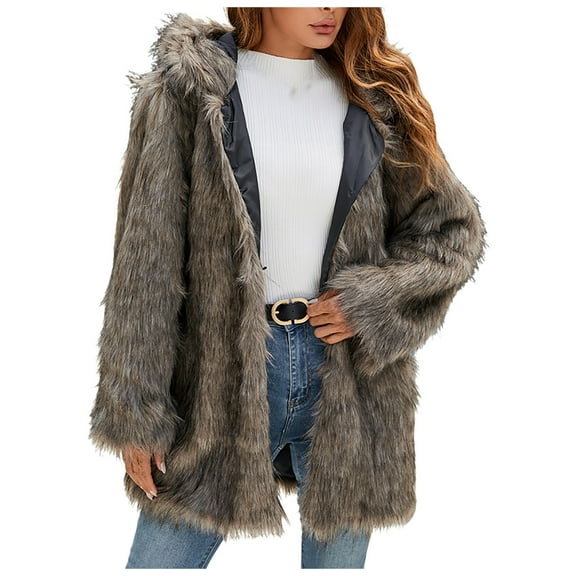 YDFCWXW Fur Jacket Women Cute Cat Ear Hoodie Fuzzy Fleece Jacket Hooded Open Front Cardigan Mid Length Winter Coats Brown, XL