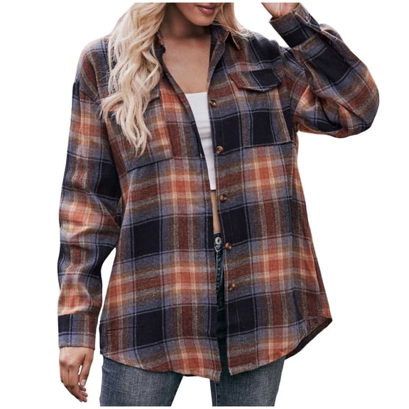 YDFCWXW Flannel Shirt for Women Button Down Long Sleeve Plaid Shirts Collared 2025 Casual Work Tops Khaki, L
