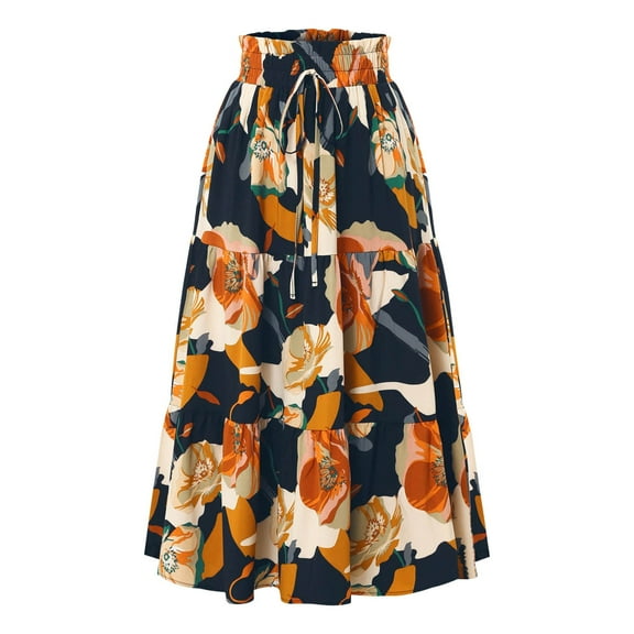 YDFCWXW Floral Maxi Skirt for Women Comfy Tiered Elastic High Waisted Skirts Vacation A-Line Flowy Swing Long Skirts Blue, XL