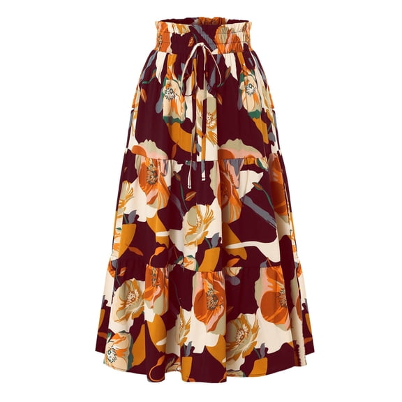 YDFCWXW Floral Maxi Skirt for Women Comfy Tiered Elastic High Waisted Skirts Vacation A-Line Flowy Swing Long Skirts Red, XL