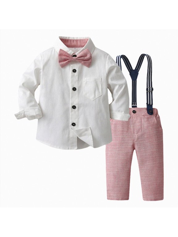 Formal Shirt with Bowtie + Suspenders Pants, Toddler Boy Gentleman Wedding Suit Outfits (Pink, 3-6 Months)