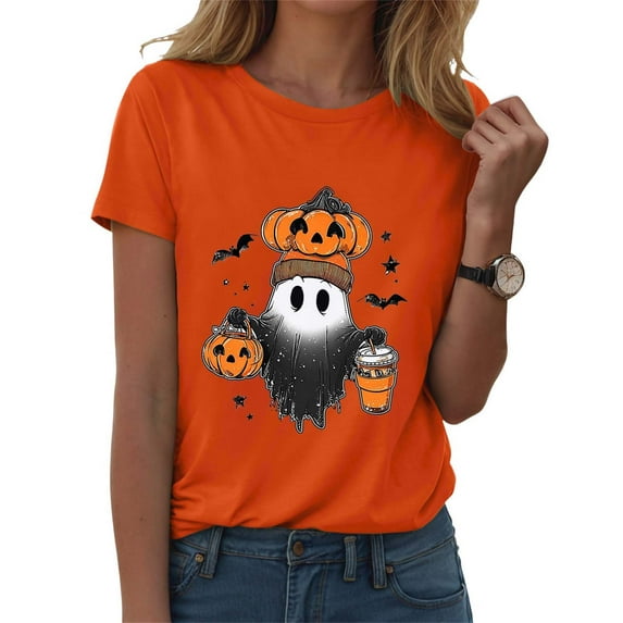 YDFCWXW Funny Halloween Shirts for Women Vintage Short Sleeve Crew Neck Holiday Party T Shirt 2025 Fall Witch Pumpkin Tops Orange, 3XL