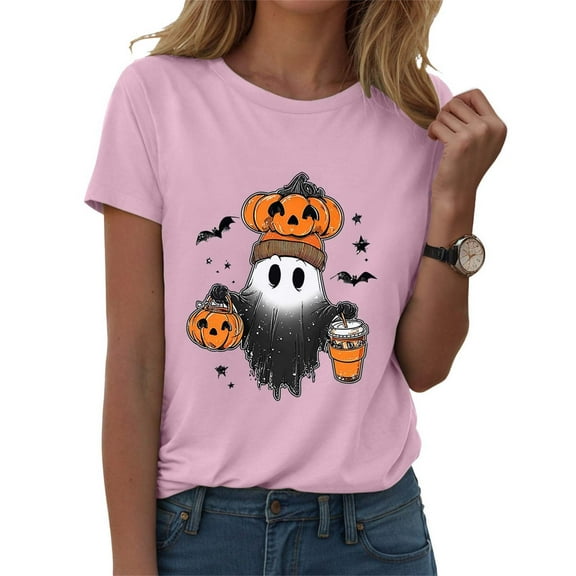 YDFCWXW Funny Halloween Shirts for Women Vintage Short Sleeve Crew Neck Holiday Party T Shirt 2025 Fall Witch Pumpkin Tops Pink, XL