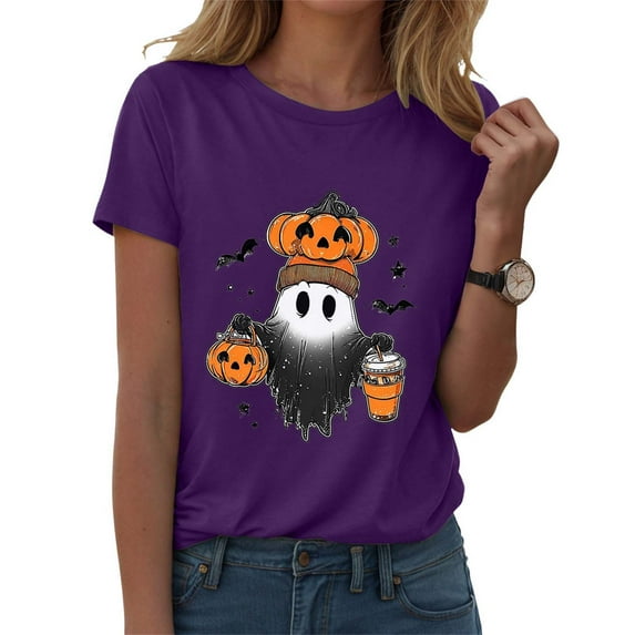 YDFCWXW Funny Halloween Shirts for Women Vintage Short Sleeve Crew Neck Holiday Party T Shirt 2025 Fall Witch Pumpkin Tops Purple, L