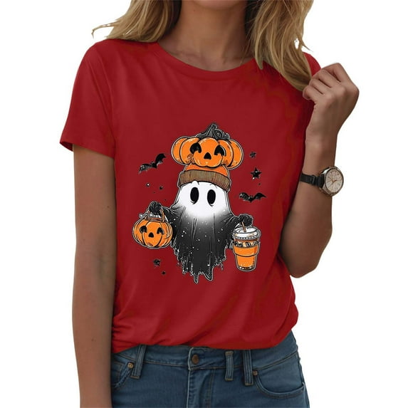 YDFCWXW Funny Halloween Shirts for Women Vintage Short Sleeve Crew Neck Holiday Party T Shirt 2025 Fall Witch Pumpkin Tops Red, XL
