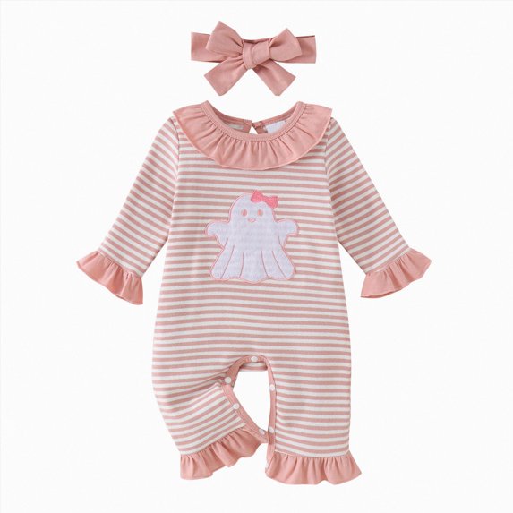 YDFCWXW Girl Romper Baby Clothes Long Sleeve Ruffle Jumpsuit, Coming Home Homemade Rolls Striped Print with Headband (Pink, 6-12 Months)