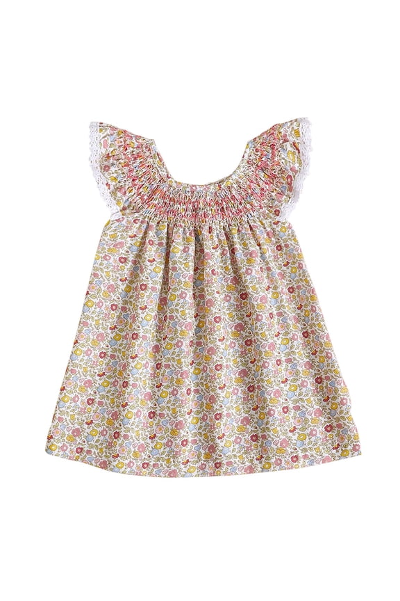 Girl Smocked Dress Summer Casual Short Sleeve Dresses Floral Sundress Princess Dress for Toddlers (Yellow, 2-3 Years)
