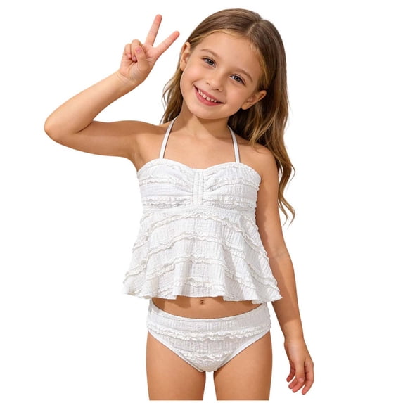 YDFCWXW Girl's 2 Piece Halter High Waisted Tankini Ruffle Swimsuit Bathing Suit Bikini Sets (White, 7-8 Years)