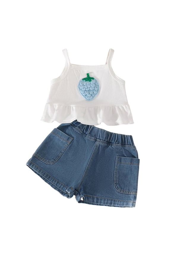 Girl's 2 Piece Outfits Cute Strawberry Embroidery Tank Top and Denim Shorts Clothing Sets (Blue, 5-6 Years)