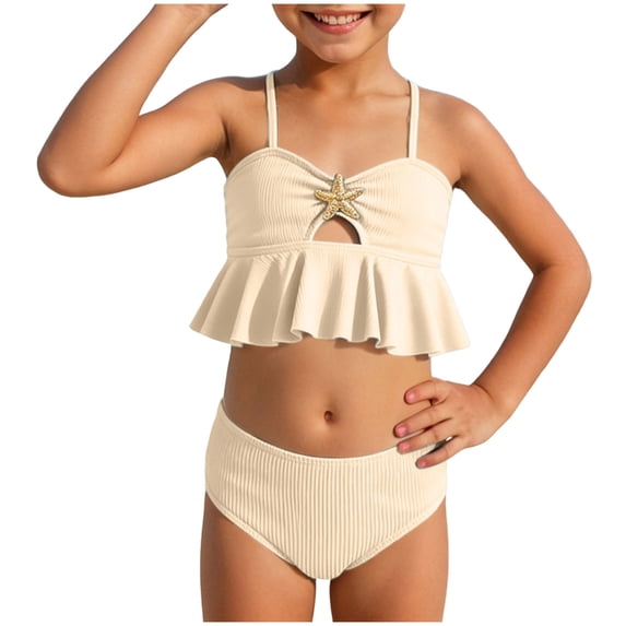 YDFCWXW Girl's 2 Piece Padded Bathing Suit Wireless Starfish Ruffle Swimsuit Spaghetti Strap Vacation Beachwear Set (Beige, 6-7 Years)