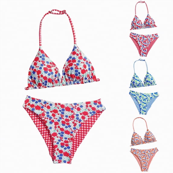 YDFCWXW Girl's 2 Piece Swimsuits Floral Gingham Halter Triangle Wireless Bikini Bathing Suit (Red, 8-9 Years)