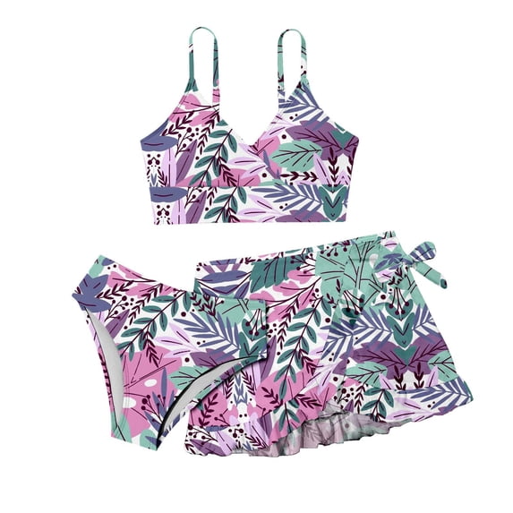 YDFCWXW Girl's 3 Pieces Bikini Set Tropical Print Swimsuit Bathing Suit with Ruffle Cover up Skirt Summer Beach Holiday Pool Swimwear (1-Red, 8-9 Years)